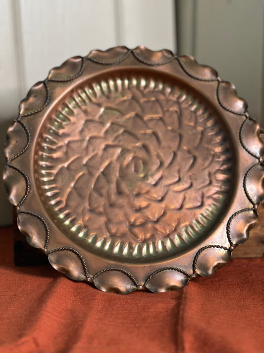 9.5" Gregorian Copper Platter with Scalloped Edge &amp; Floral Design